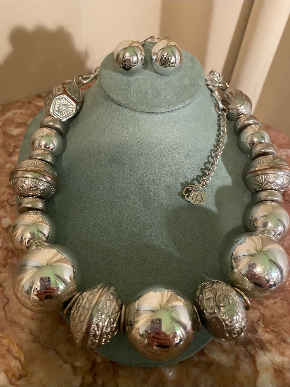 Silver Toned Graduated Bead Statement Necklace and Earrings Set